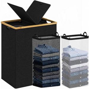 efluky Double Laundry Hamper with Lid and 2 Removable Bags, Black, 170L Dual