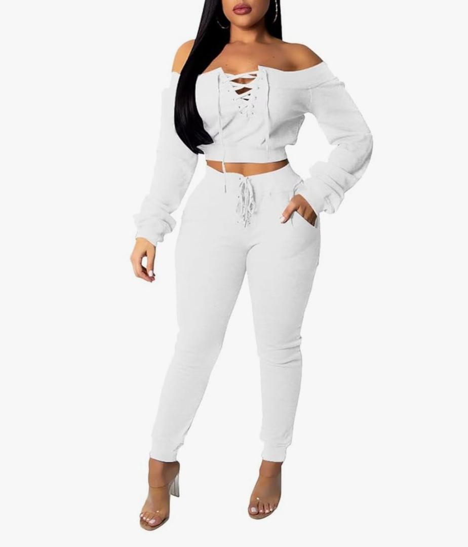 Acelyn Sexy 2 Piece Outfits for Women Off Shoulder Lace Up Long Sleeve Crop Top Pants Sets Tracksuit Casual Sweatsuit , size Small