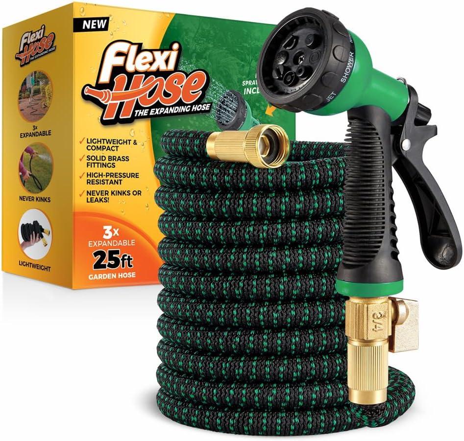 Flexi Hose with 8 Function Nozzle, 25FT - Lightweight Expandable Garden Hose, No-Kink Flexibility, 3/4 Inch Solid Brass Fittings and Double Latex Core - Black and Green
