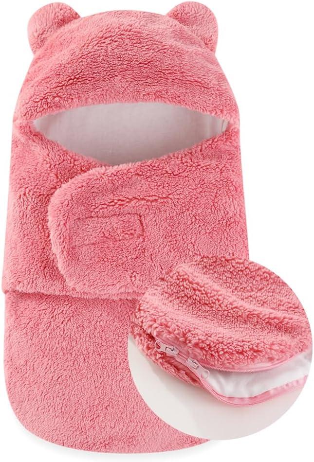 Baby Winter Fleece Swaddle Blanket 0-3 Months Boys Girls Warm Adjustable Newborn Swaddling Wrap Soft Plush Sleeping Sacks (Pink)