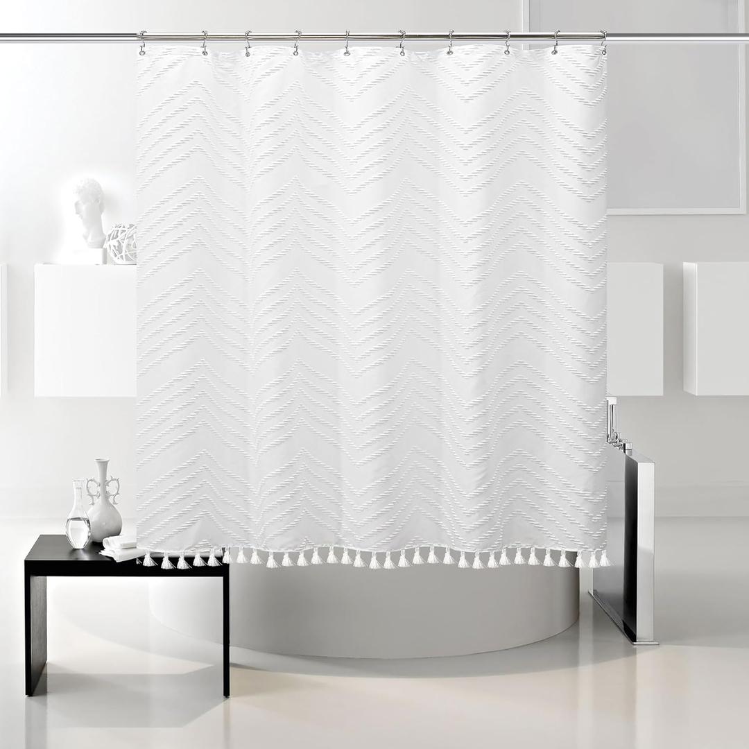 Boho Woven Fabric Short Shower Curtain - White Tassel, 72 x 66, Modern Farmhouse Textured Tufted Chevron Striped Minimalist