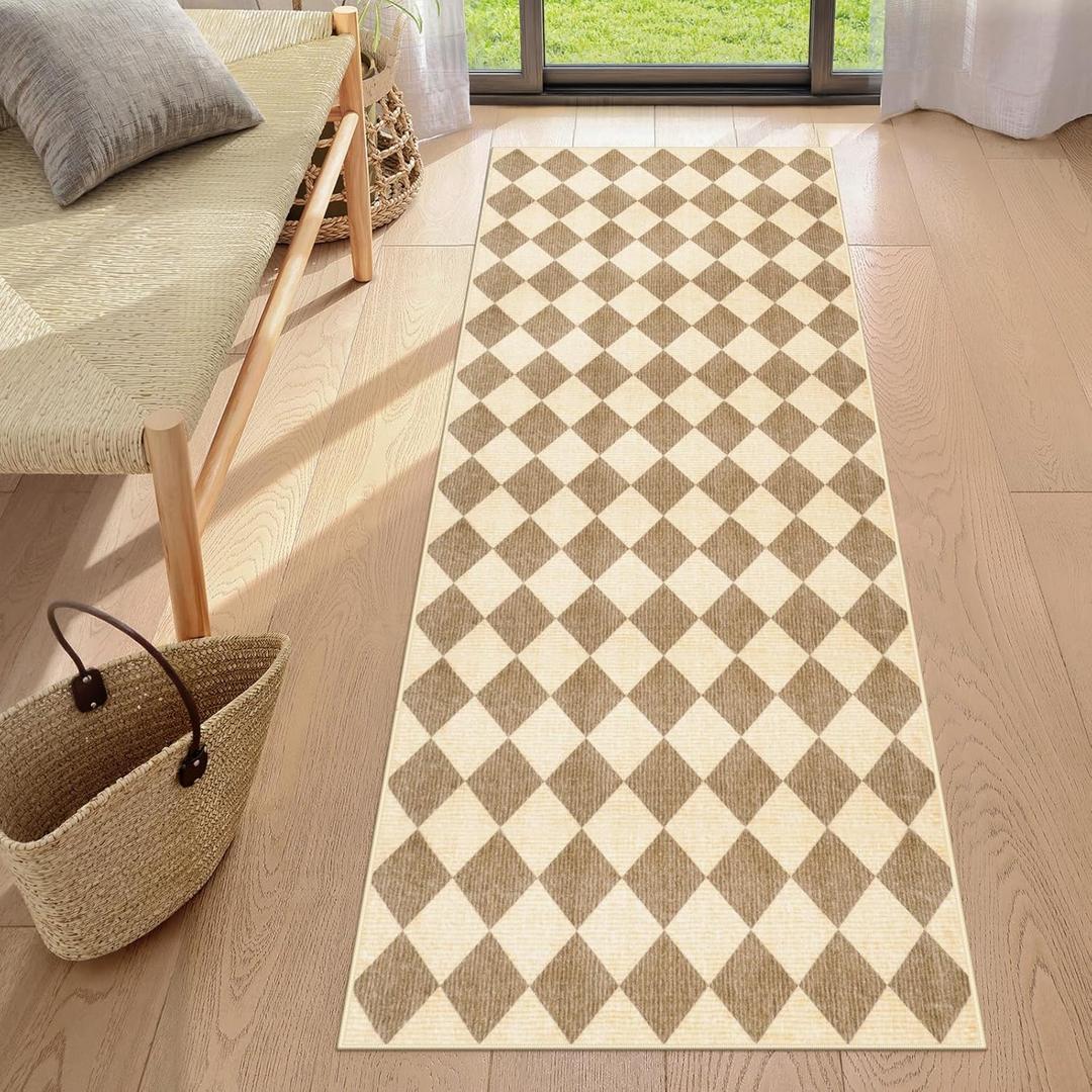 LIVEBOX Checkered Carpet Runners for Hallway 6ft, Beige Washable Runner Rug 2x6 for Kitchen, Modern Laundry Room Carpet Runner, Moroccan Plaid Soft Non Slip Runners for Entryway Bathroom Bedroom