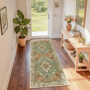 Area Rugs 2'x6' Runner Rug Non Slip Washable for Kitchen Hallway Bedroom Beside Laundry Room Bathroom Rug, Floor Carpet, Brick Red Rust Neutral Brown Burnt Orange Green