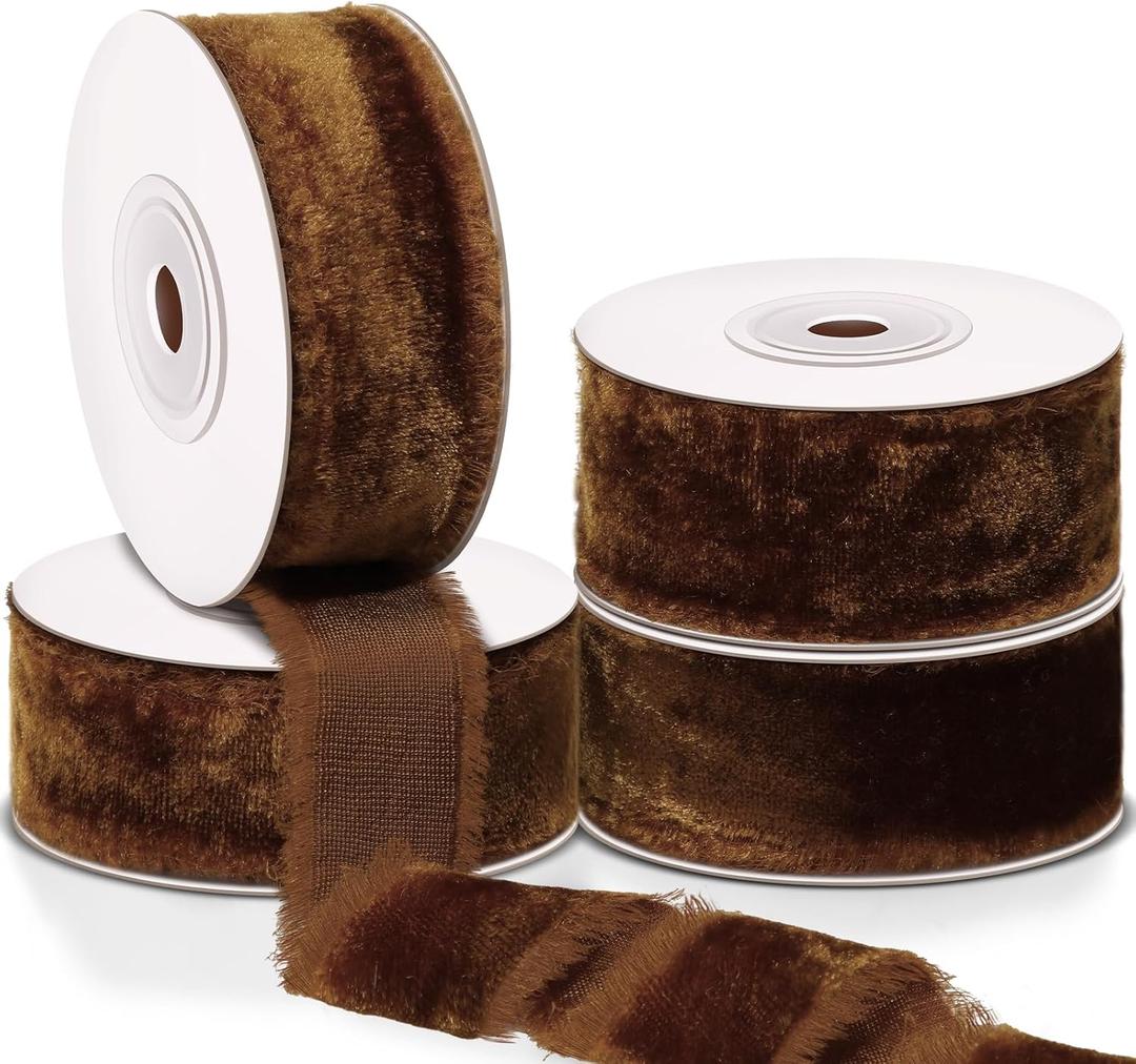 Preboun 4 Rolls Christmas Velvet Ribbon for Gift Wrapping 24 Yards Total Frayed Edge Velvet Silk Ribbon for Christmas Wedding Baby Shower DIY Crafts Decor(Orange Copper,1 Inch)