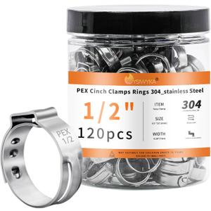 120pcs 1/2 inch PEX Cinch Clamps Rings, 304 Stainless Steel Single Ear Hose Clamps, Heavy Duty Pex Crimp Rings for PEX Tubing Pipe Fitting Connections