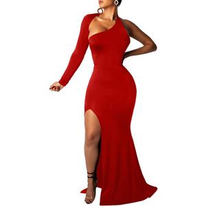 BEAGIMEG Women's Sexy Elegant One Shoulder Backless Evening Long Dress (Red 2 Split, X-Large)