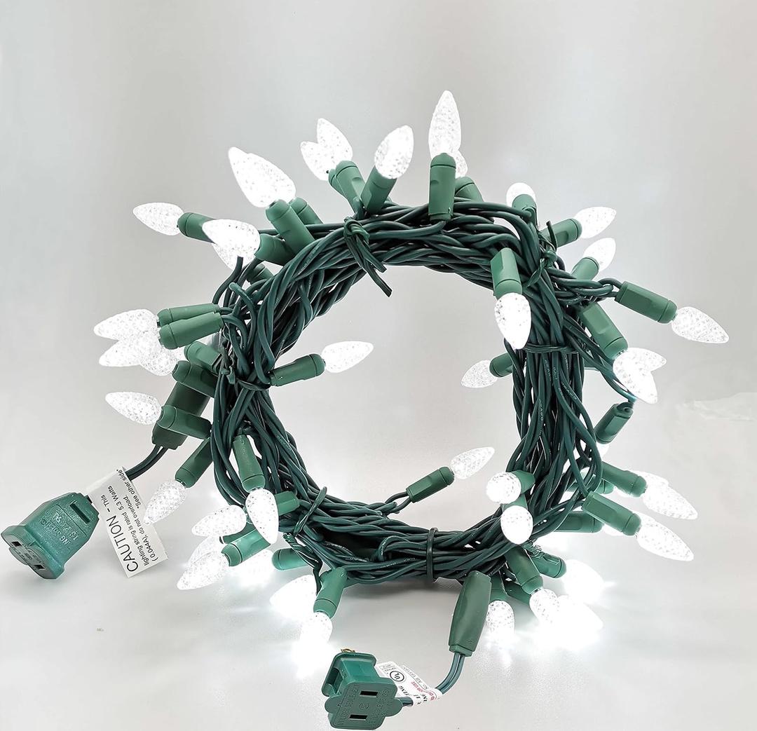 C3 Christmas Lights 50 Cool White LED String Lights, 120V UL, 17FT Green Wire Xmas Lights for Indoor & Outdoor Use, Trees, Pathway, Holiday Party Decorations