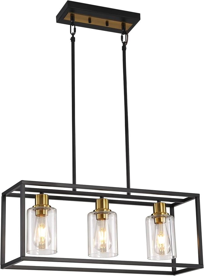 3-Light Kitchen Island Lighting, Farmhouse Pendant Island Light Fixture with Glass Shades, Black and Gold Chandelier for Dining Room, Restaurant, Foyer
