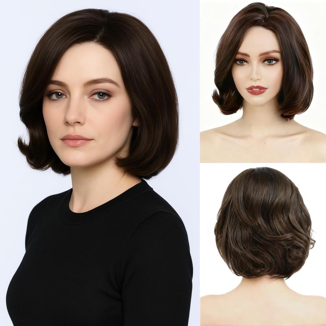 Short Brown Bob Wigs for Women Natural Wavy Mix Brown Color Layered Bob Wig Fashion Hairstyle for Daily Party Costume