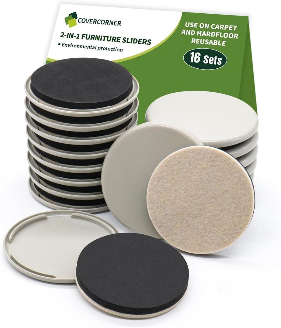 Furniture Sliders 16 PCS - 2 in 1 in 3 1/2 inch or 4 inch- Furniture Sliders for Carpet & Hardwood Floors! Furniture Movers Sliders & Sliders for Moving Furniture Easily & Safely!