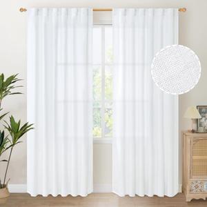 YoungsTex White Linen Curtains 80 Inch Length for Living Room, Light Filtering Semi Sheer Drapes with Rod Pocket Back Tab Privacy for Dining Bedroom Windows, 2 Panels, 52 X 80 Inch