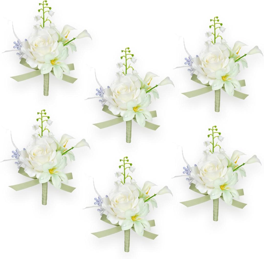 AuroraAria Pearl White Boutonniere for Men,Set of 6,Groom Boutonniere for Wedding,Anniversary,Homecoming,Formal Dinner Party,Wedding Decor,Artificial Pearl White Rose
