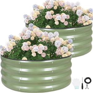 G GOOD GAIN Round Raised Garden Bed - 2Pcs 3x3x1ft Galvanized Steel Planter Boxes Outdoor with Rubber Edge Trim | Metal Raised Beds for Gardening Vegetables Flowers Fruits Herbs (Olive Green)