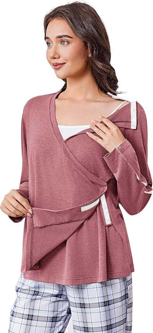 Deyeek Women's Post Shoulder Surgery Shirts Long Sleeve V-Neck Wrap Chemo Blouse Easy Access Adaptive Snap On Dialysis Shirts (Medium, Coral Red)