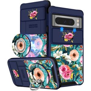 Buleens for Google Pixel 8 Pro Case 6.7 Inch - with Ring Stand & Camera Cover Aesthetic Cute Designed Women Girls Girly Pretty Unique Kawaii Flowers for Pixel 8 Pro Phone Case Compatible with Magsafe (Lake Blue Flowers)