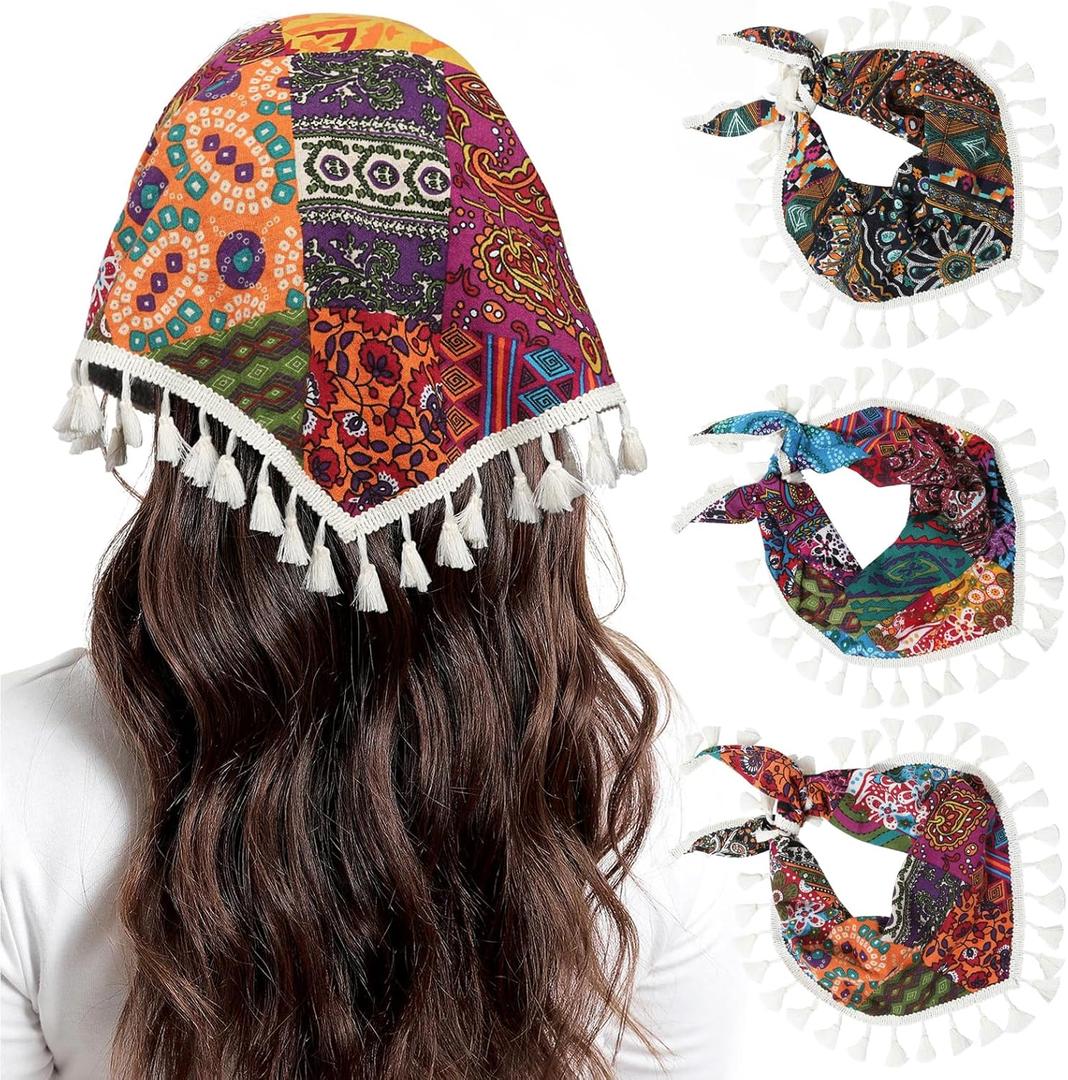 AWAYTR 3PC Boho Lace Scarf Hair Bandanas - Chiffon Hair scarf for Women and Girls Bohemian Prints headbands