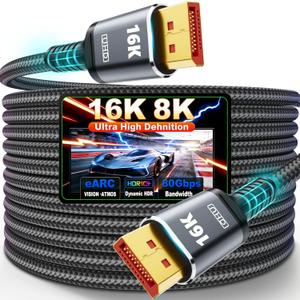 VESA Certified 16K Displayport Cable 2.1, DP 2.1 Cable 25FT-7.5M [16K@60Hz, 8K@120Hz, 4K@240Hz 165Hz 144Hz] Support 80Gbps HDR, HDCP DSC 1.2a, Compatible FreeSync G-Sync Gaming Monitor 4090 7900xtx