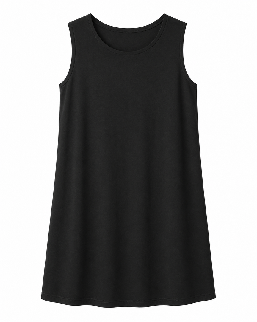 Women’s Black Sleeveless A-Line Dress, Casual Round Neck Tank Dress,   Size: M