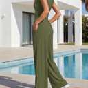 BTFBM Womens 2 Piece Outfits Spring 2026 V Neck Cap Sleeve Ruched Top Wide Leg Pants Sets Rib Knit Lounge Matching Set (Green, XXL)