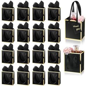 75 Pcs Mini Gift Bags with Handle & Tissue Paper 4x2.75x4.5'' Small Size Metallic Foil Paper Bag with Tag Tiny Thank You Favor Bulk for Wedding Bridal Baby Shower Groomsmen Birthday Party (Black, Gold)