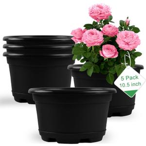 5 Pack 10.5 inch Plant Pots,Planter-Pots-for-PlantsPlastic Flower Pot for Indoor Outdoor Plants with Drainage Holes & Trays, Decorative Garden Containers Sets for Houseplants (Black)