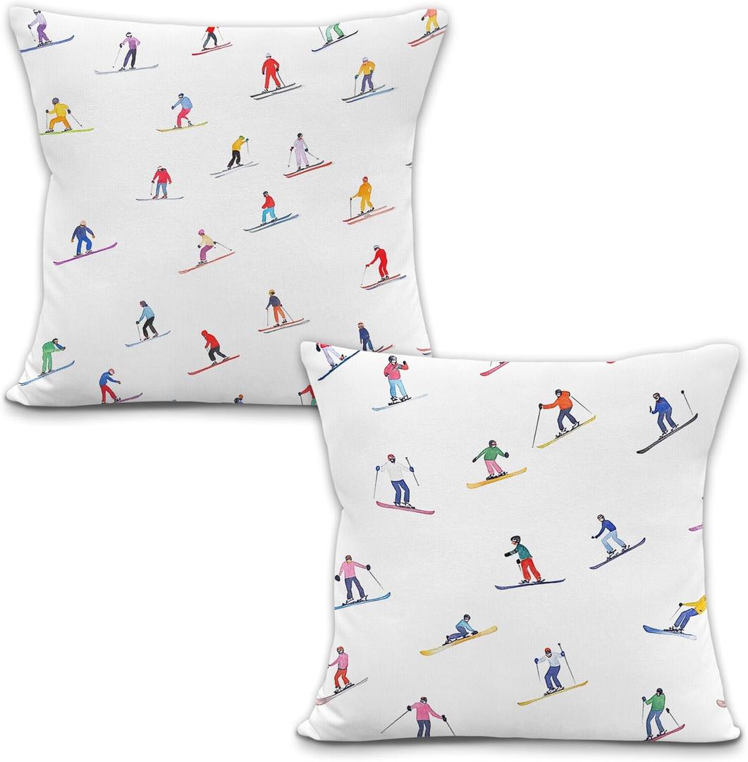 Vintage Winter Ski Throw Pillow Covers, Winter Home Decor, Snowy Mountain Landscape Skiing Decorative Pillowcases Cushion Cases for Bedroom Living Room Decor, 18x18 Pillow Covers Set of 2