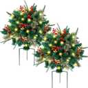 Glintoper Lighted Artificial Christmas Urn Filler, Pre-lit Xmas Pine Trees with Cones, Golden & Red Berries, Tripod Stake and 60 LED Lights, Outdoor Light Up Planter Filler Holiday Home Decor, 2 Pack
