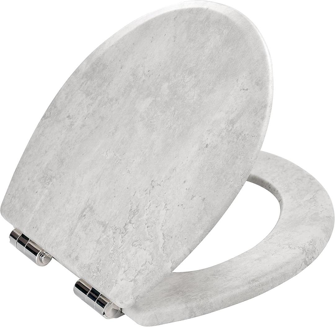Toilet Seat, Slow Close, Premium Moulded Wood, Quick Release, Marble Gray, PIKLiDS, Laminated Woodgrain Finish (Round)