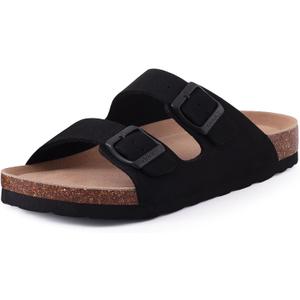 Unisex Cork Footbed Slide Sandal, Arch Support Summer Outdoor Sandals with Adjustable Buckle for Women and Men (8-8.5 Women/6.5-7 Men, Black)