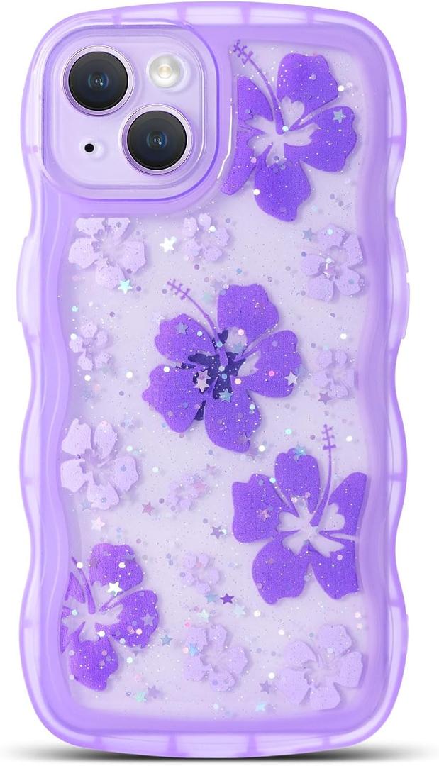 NITITOP Compatible with iPhone 15 Case Cute Clear for Women Girls Flower Floral Bling Glitter Sparkling Star Wave Curly Frame Soft TPU Shockproof Camera Protective Cover - Purple