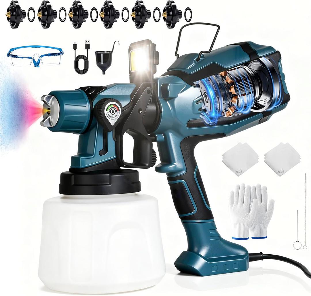 Paint Sprayer for House Painting, 1250W Spray Paint Gun 6 Nozzle 3 Patterns 1400ML Detachable Container with LED Easy to Clean, Electric Paint Sprayer for Furniture Cabinets Fence DIY (Blue)