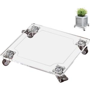 1PC Transparent Clear Color Plant Caddy 10x10 inch Acrylic Heavy Duty Square Plant Stand with 2 Roller Lockable Caster Wheels,Indoor Outdoor Holds Up 150 Lbs Patio/Flower Pot/Dolly