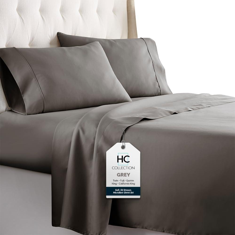 HC COLLECTION Bed Sheets Set Queen with 2 Pillowcases, Hotel Luxury Platinum 1800 Series Brushed Microfiber Deep Pocket Fitted Sheet, Fade Resistant Ultra Soft 4 Pcs Bedding for Hot Sleepers, Gray