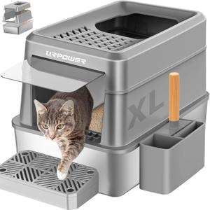 URPOWER Stainless Steel Cat Litter Box with Lid Extra Large Enclosed Litter Box for Cats Non-Sticky Metal Pan with High Sided Enclosure & Scoop, Front & Top Entry, Anti-Leakage, Easy Cleaning (XL, Gray)