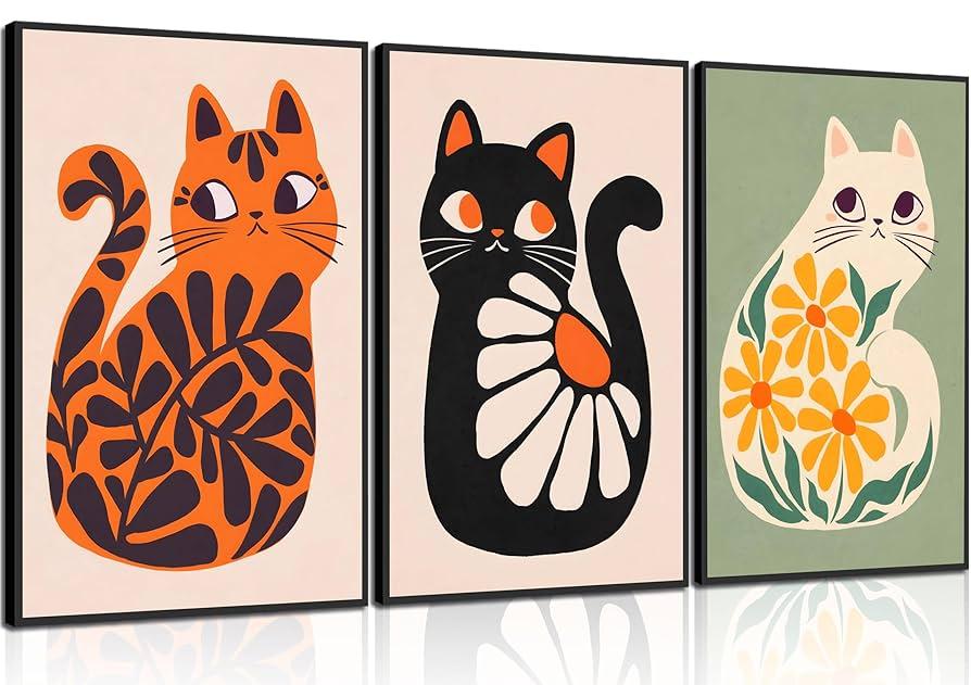 Unframed Cat Wall Art Neutral Boho Poster Plants Retro Animal Pictures Print Green Posters Mid Century Printing Colorful Cat Art Vintage Orange Bedroom Bathroom 24x16 Inch Set of 3