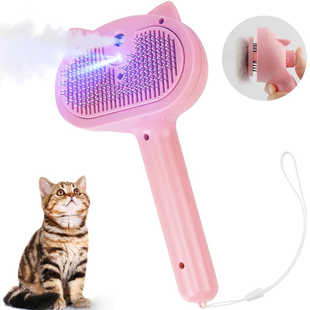 Pet Steam Brush for Dogs, 4 in 1 Cat Steam Brush for Long Short Haired, Self Cleaning Brush for Shedding, Metal Pet Misting Hair Comb with Handle for Grooming Kitten Dog(Pink)