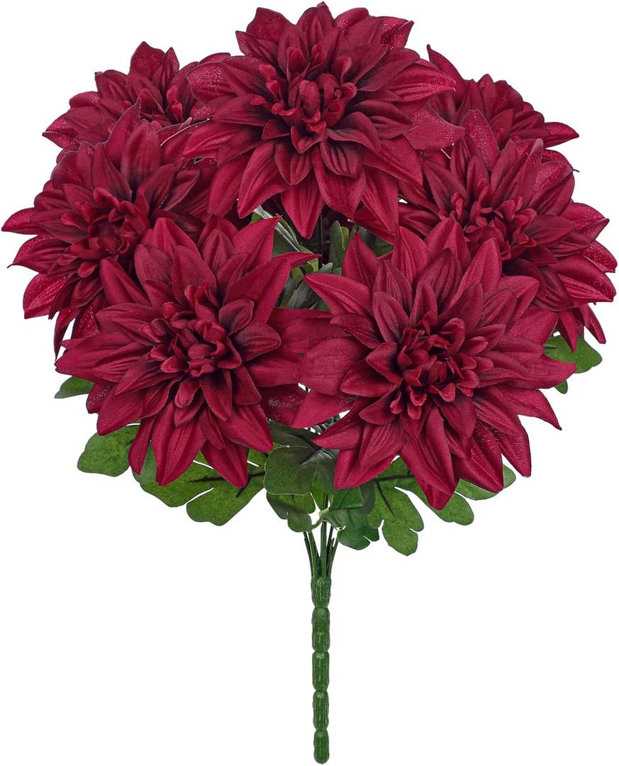 Hollyone Dark Red Artificial Dahlia Flowers Bush 7 Heads Silk Fake Dahlias Flowers with Stems Wedding Bouquets Faux Dahlia Flowers Arrangements for Outdoor Indoor DIY Table Centerpieces Home Decor