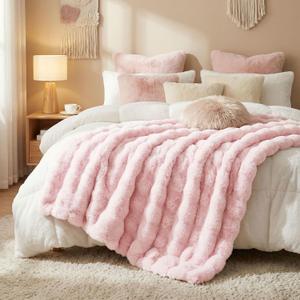 JONIYEAR Decorative Soft Fluffy Bubble Faux Rabbit Faux Fur Throw Blanket 50" x 60",Reversible Cozy Accent Thick Warm Furry Blankets for Winter,Lovely Cute Washable Plush Fuzzy Blanket for Women, Pink