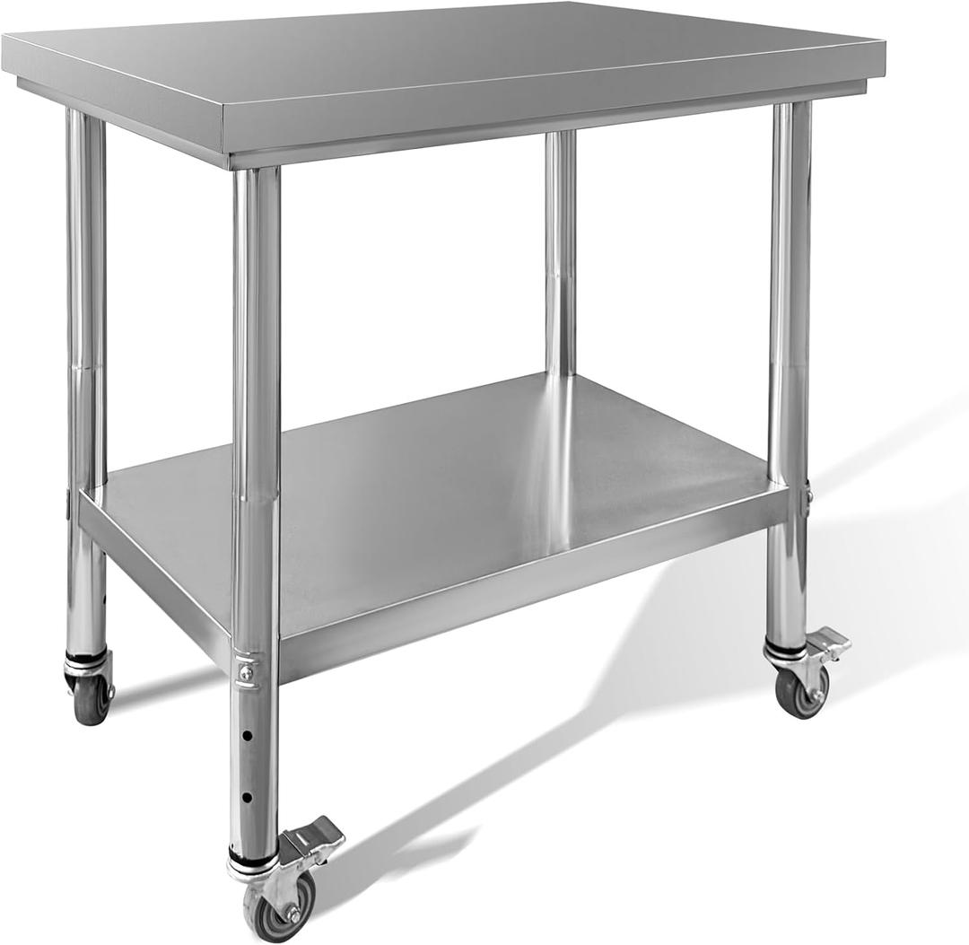 Stainless Steel Work Table 35"x24"x33" Metal Adjustable Under Shelf Prep Table 460 LBS Load Capacity with 4 Caster Wheels Heavy Duty Food Prep Worktable for Home Hotel Kitchen Restaurant, 35"Lx24"Wx33"H