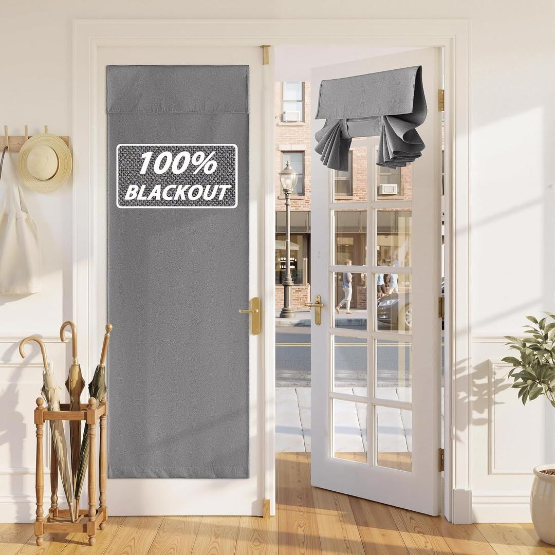 RYB HOME 100% Blackout Linen French Door Curtain - Home Decor No Drill Door Curtain for Front Window, Thermal Insulated Privacy Blinds with 2 Adhesive Tapes, W 34 x L 69, 1 Panel, Grey
