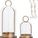 Metal Candle Holder with Handmade Glass Dome in Brass, 5" & 4" Wide Versatile Hurricane Glass Candle Holders Set of 2, for Pillar Candles & Plants (Brass)