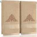 SmoothNovelty 2 Pcs Damascus Hand Towels Brown Farmhouse Bathroom Decor 14x29 Inch Embroidered 100% Cotton Soft Absorbent Spring Summer Decorative Hand Towels for Bathroom Kitchen