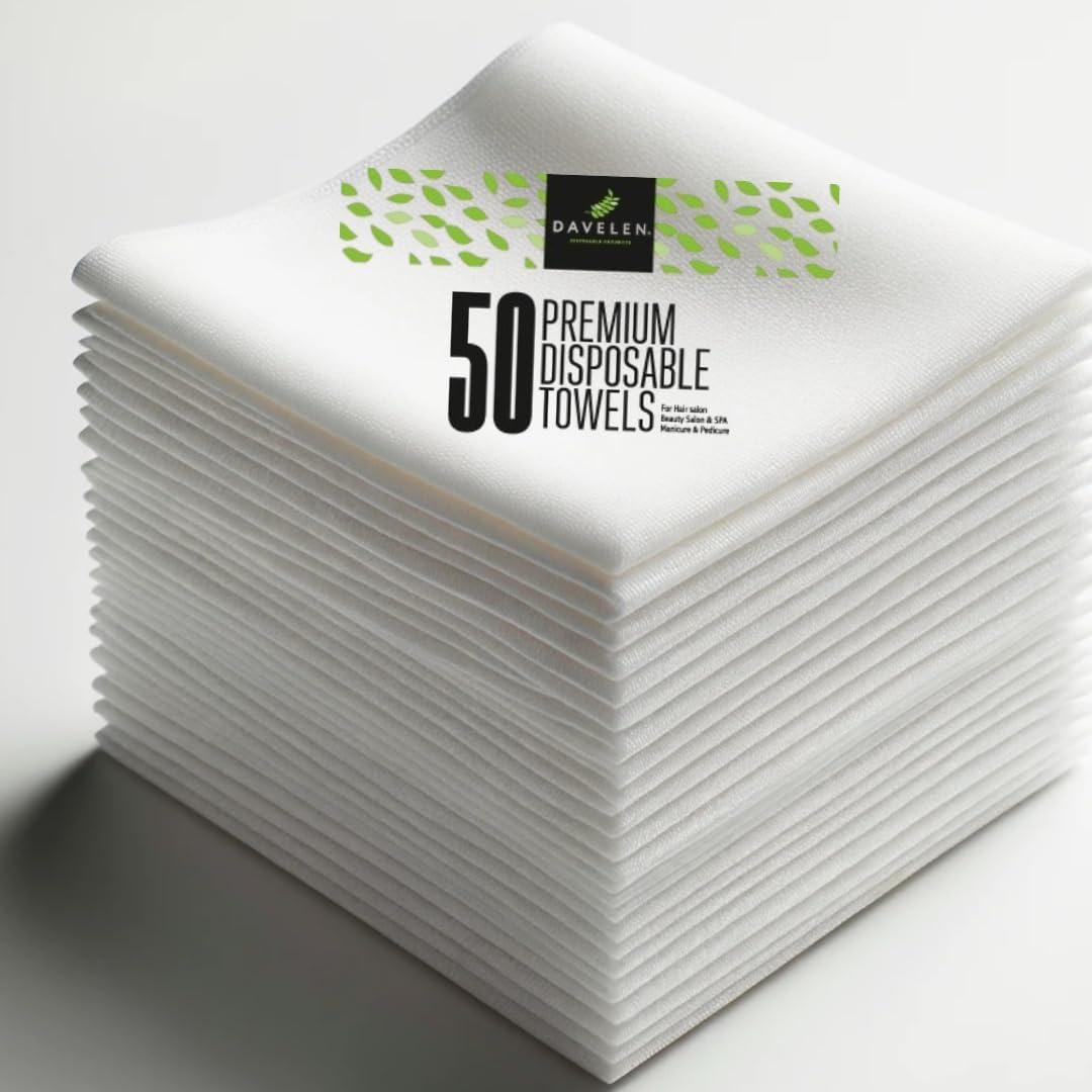 DAVELEN Disposable Large Luxury Towels (50-Count) Spa and Salon Quality Softness for Guests, Clients | Hair, Face, Body Use | Luxurious Comfort, Ecofriendly | Towels Size: 31.5 x 15 (White)