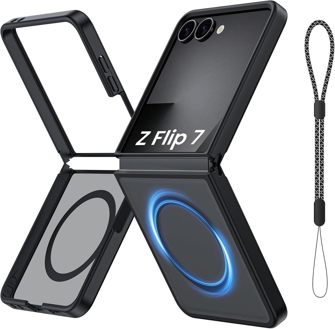 Magnetic for Galaxy Z Flip 7 Case, Compatible with MagSafe, [No Screen Protector] [Military-Grade Protection] Slim Translucent Matte Shockproof Phone Case for Samsung Flip 7 (Black)