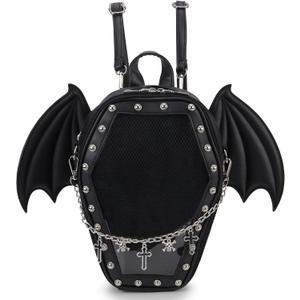Gothic Coffin Shape Fashion Purses and Handbags for Women Halloween Shoulder Bag Backpack (Black Wings)