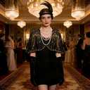 1920s Gatsby Flapper Accessories Set, Roaring 20s Accessories Women Feather Headpiece Necklace Earrings Long Gloves,Black Gold (Black)