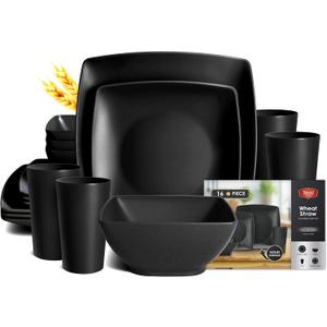 Teivio 16-piece Plastic Wheat Straw Square Dinnerware Set for 4, Unbreakable Dinner Plates, Salad Plates, Snack Bowls, Tumblers 13.5 oz, Dishwasher Safe, Black Matte
