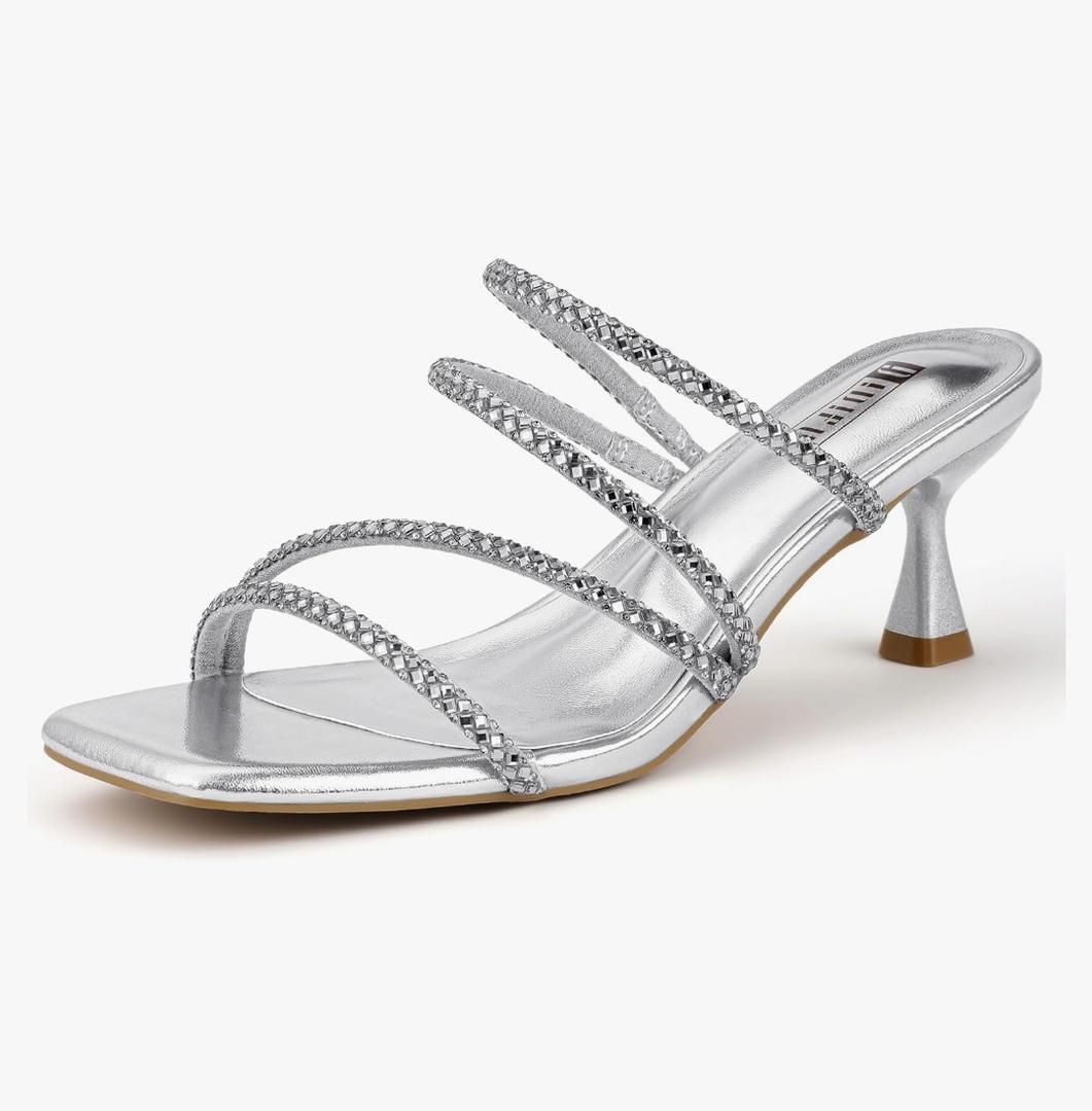 IDIFU IN2 Rhinestone Heels Strappy Low Kitten Square Open Toe Mule Heels Wedding Bridal Prom Party Dress Shoes for Women Comfortable Dressy Formal Sparkly Slip On Heeled Sandals 9