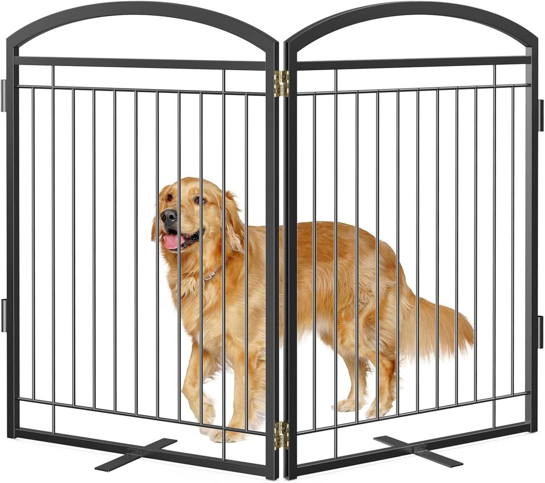 Full Metal Free Standing Dog Gate with Door for Indoor Outdoor, 48'' Extra Wide 36'' Tall Dog Gate for Doorways,Large Openings,Decks,Pet Puppy Freestanding Safety Fence(2 Panels,Black)