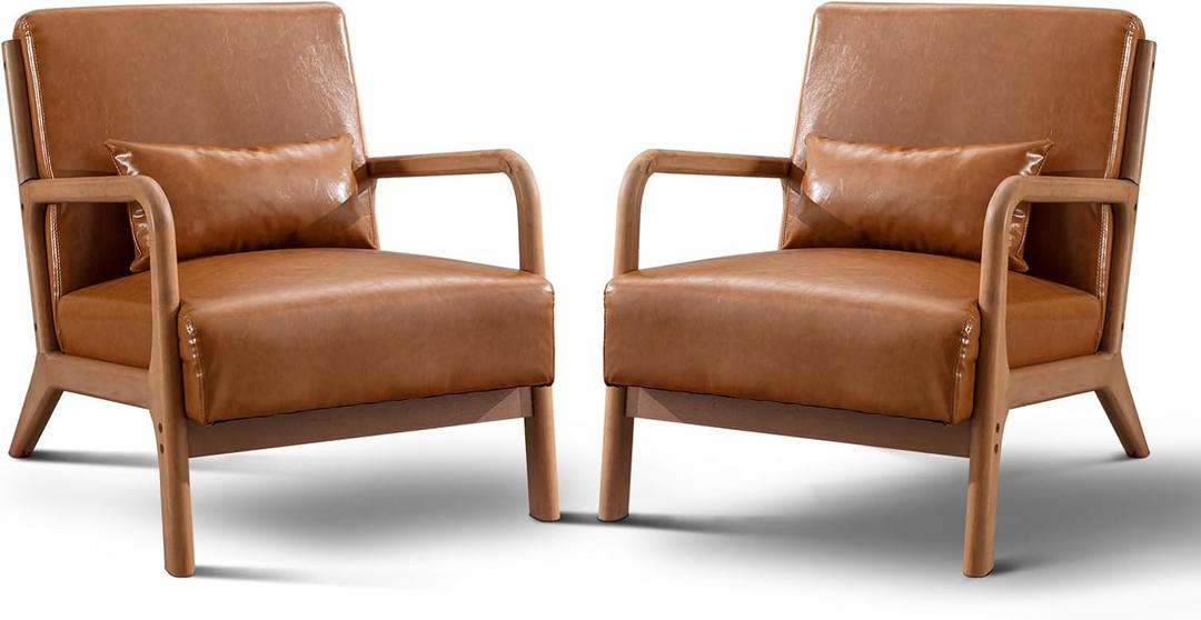 Phoenix Home Upholstered Mid Century Modern Accent Chair Set of 2, Lounge Fabric Living Room Chairs with Solid Wood Frame and Waist Cushion, Reading Armchair for Bedroom, Brown